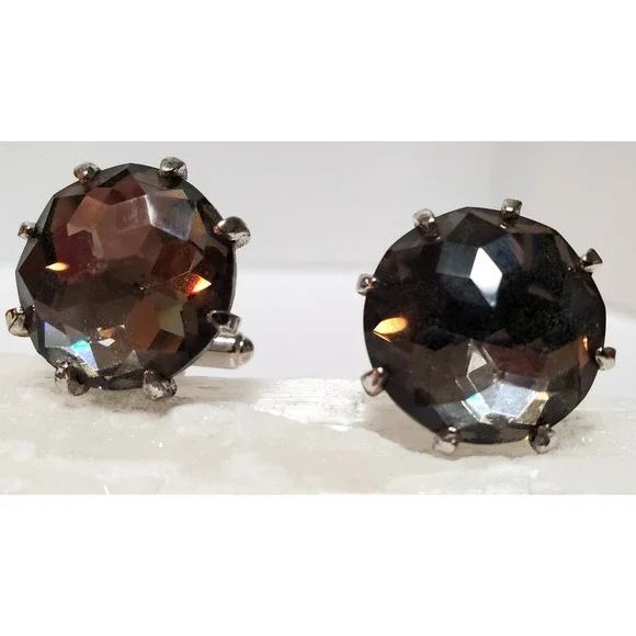 VTG Cuff Links Smoky Gray Crystal Stones Prong Set Faceted Shiny .75" Size Round - Picture 6 of 10